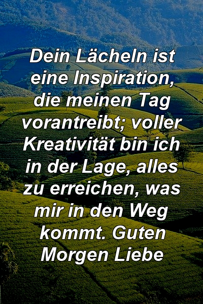 Dein Lächeln ist eine Inspiration, die meinen Tag vorantreibt; voller Kreativität bin ich in der Lage, alles zu erreichen, was mir in den Weg kommt. Guten Morgen Liebe