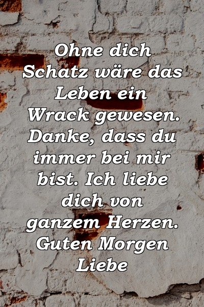 Ohne dich Schatz wäre das Leben ein Wrack gewesen. Danke, dass du immer bei mir bist. Ich liebe dich von ganzem Herzen. Guten Morgen Liebe