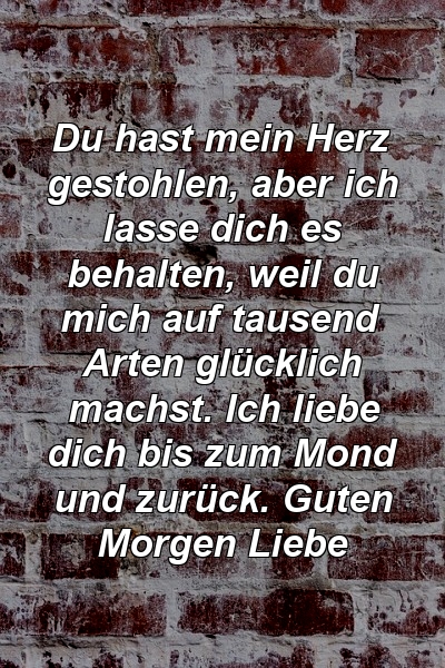 Du hast mein Herz gestohlen, aber ich lasse dich es behalten, weil du mich auf tausend Arten glücklich machst. Ich liebe dich bis zum Mond und zurück. Guten Morgen Liebe