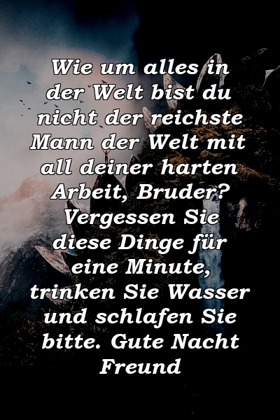 Wie um alles in der Welt bist du nicht der reichste Mann der Welt mit all deiner harten Arbeit, Bruder? Vergessen Sie diese Dinge für eine Minute, trinken Sie Wasser und schlafen Sie bitte. Gute Nacht Freund