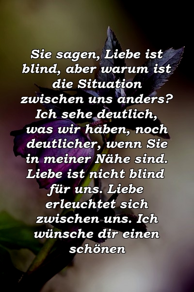 Sie sagen, Liebe ist blind, aber warum ist die Situation zwischen uns anders? Ich sehe deutlich, was wir haben, noch deutlicher, wenn Sie in meiner Nähe sind. Liebe ist nicht blind für uns. Liebe erleuchtet sich zwischen uns. Ich wünsche dir einen schönen