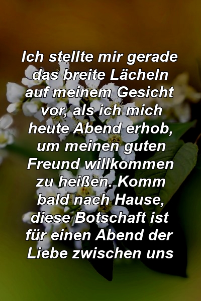 Ich stellte mir gerade das breite Lächeln auf meinem Gesicht vor, als ich mich heute Abend erhob, um meinen guten Freund willkommen zu heißen. Komm bald nach Hause, diese Botschaft ist für einen Abend der Liebe zwischen uns