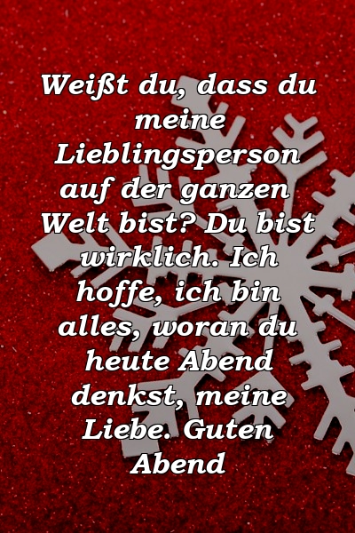 Weißt du, dass du meine Lieblingsperson auf der ganzen Welt bist? Du bist wirklich. Ich hoffe, ich bin alles, woran du heute Abend denkst, meine Liebe. Guten Abend