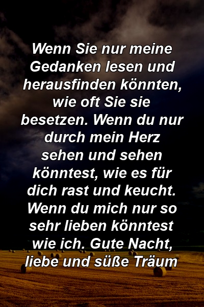 Wenn Sie nur meine Gedanken lesen und herausfinden könnten, wie oft Sie sie besetzen. Wenn du nur durch mein Herz sehen und sehen könntest, wie es für dich rast und keucht. Wenn du mich nur so sehr lieben könntest wie ich. Gute Nacht, liebe und süße Träum