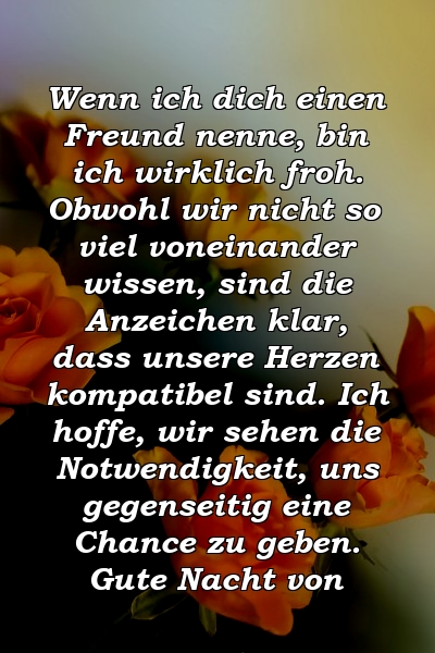 Wenn ich dich einen Freund nenne, bin ich wirklich froh. Obwohl wir nicht so viel voneinander wissen, sind die Anzeichen klar, dass unsere Herzen kompatibel sind. Ich hoffe, wir sehen die Notwendigkeit, uns gegenseitig eine Chance zu geben. Gute Nacht von