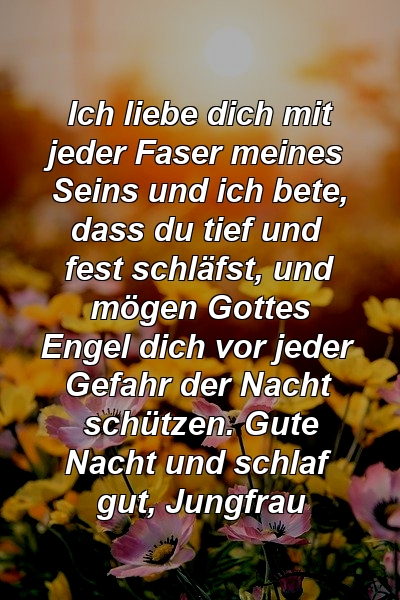 Ich liebe dich mit jeder Faser meines Seins und ich bete, dass du tief und fest schläfst, und mögen Gottes Engel dich vor jeder Gefahr der Nacht schützen. Gute Nacht und schlaf gut, Jungfrau