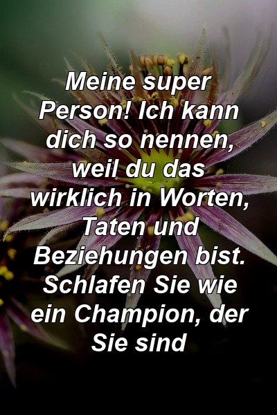 Meine super Person! Ich kann dich so nennen, weil du das wirklich in Worten, Taten und Beziehungen bist. Schlafen Sie wie ein Champion, der Sie sind