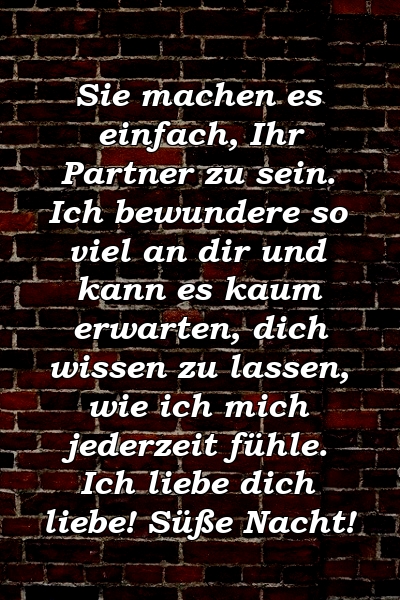 Sie machen es einfach, Ihr Partner zu sein. Ich bewundere so viel an dir und kann es kaum erwarten, dich wissen zu lassen, wie ich mich jederzeit fühle. Ich liebe dich liebe! Süße Nacht!