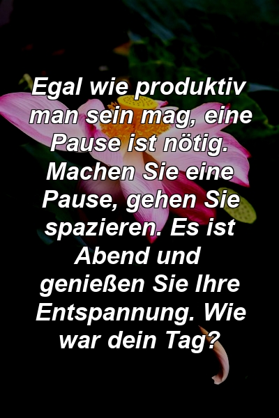 Egal wie produktiv man sein mag, eine Pause ist nötig. Machen Sie eine Pause, gehen Sie spazieren. Es ist Abend und genießen Sie Ihre Entspannung. Wie war dein Tag?