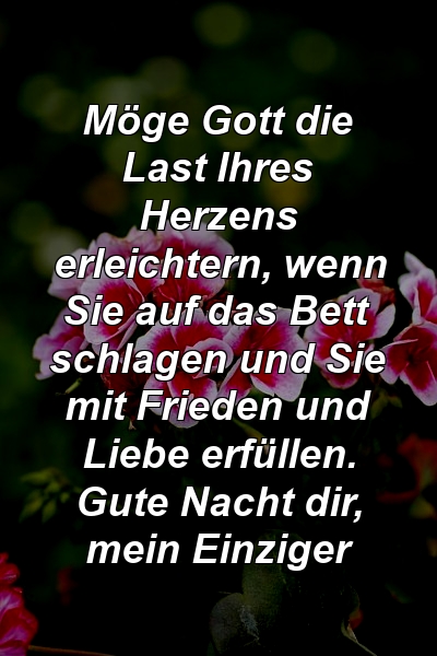 Möge Gott die Last Ihres Herzens erleichtern, wenn Sie auf das Bett schlagen und Sie mit Frieden und Liebe erfüllen. Gute Nacht dir, mein Einziger