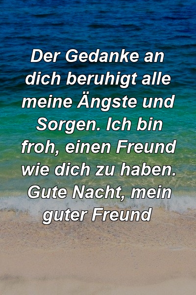 Der Gedanke an dich beruhigt alle meine Ängste und Sorgen. Ich bin froh, einen Freund wie dich zu haben. Gute Nacht, mein guter Freund