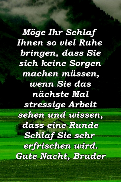 Möge Ihr Schlaf Ihnen so viel Ruhe bringen, dass Sie sich keine Sorgen machen müssen, wenn Sie das nächste Mal stressige Arbeit sehen und wissen, dass eine Runde Schlaf Sie sehr erfrischen wird. Gute Nacht, Bruder