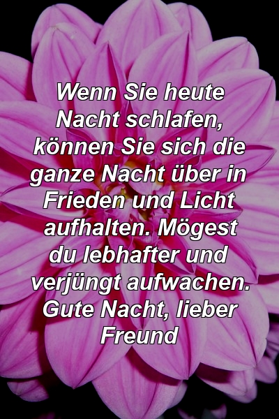 Wenn Sie heute Nacht schlafen, können Sie sich die ganze Nacht über in Frieden und Licht aufhalten. Mögest du lebhafter und verjüngt aufwachen. Gute Nacht, lieber Freund