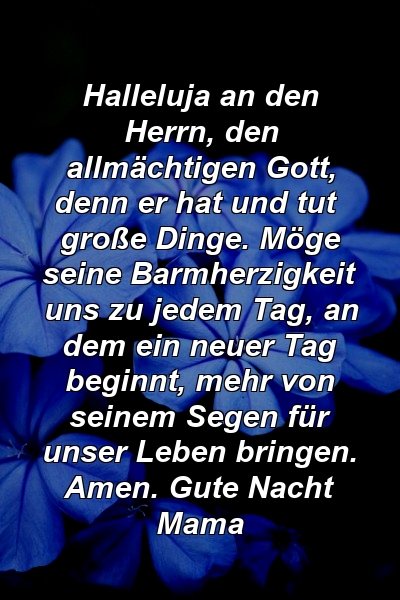 Halleluja an den Herrn, den allmächtigen Gott, denn er hat und tut große Dinge. Möge seine Barmherzigkeit uns zu jedem Tag, an dem ein neuer Tag beginnt, mehr von seinem Segen für unser Leben bringen. Amen. Gute Nacht Mama