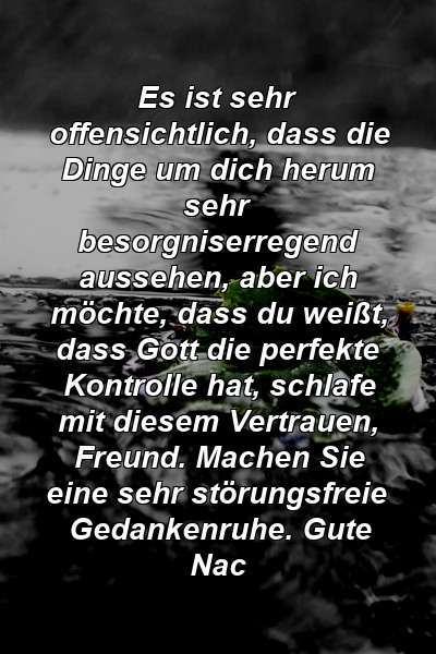 Es ist sehr offensichtlich, dass die Dinge um dich herum sehr besorgniserregend aussehen, aber ich möchte, dass du weißt, dass Gott die perfekte Kontrolle hat, schlafe mit diesem Vertrauen, Freund. Machen Sie eine sehr störungsfreie Gedankenruhe. Gute Nac