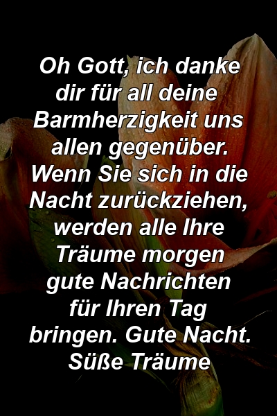 Oh Gott, ich danke dir für all deine Barmherzigkeit uns allen gegenüber. Wenn Sie sich in die Nacht zurückziehen, werden alle Ihre Träume morgen gute Nachrichten für Ihren Tag bringen. Gute Nacht. Süße Träume