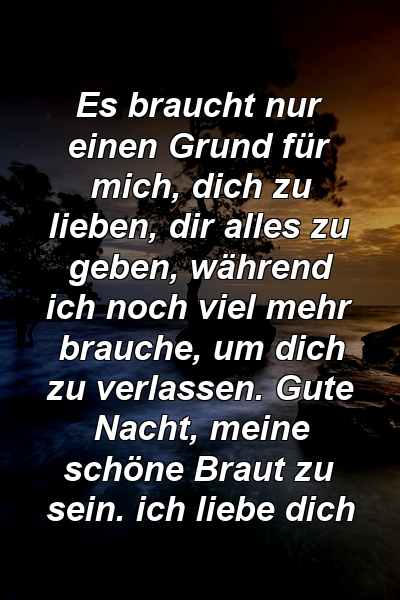 Es braucht nur einen Grund für mich, dich zu lieben, dir alles zu geben, während ich noch viel mehr brauche, um dich zu verlassen. Gute Nacht, meine schöne Braut zu sein. ich liebe dich