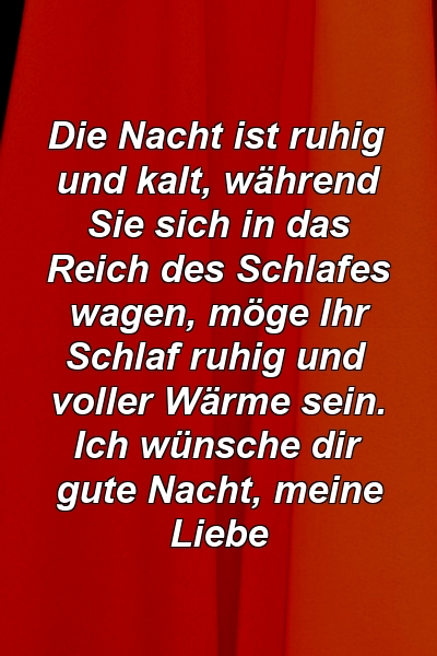 Die Nacht ist ruhig und kalt, während Sie sich in das Reich des Schlafes wagen, möge Ihr Schlaf ruhig und voller Wärme sein. Ich wünsche dir gute Nacht, meine Liebe