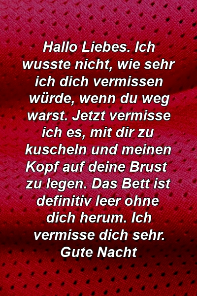 Hallo Liebes. Ich wusste nicht, wie sehr ich dich vermissen würde, wenn du weg warst. Jetzt vermisse ich es, mit dir zu kuscheln und meinen Kopf auf deine Brust zu legen. Das Bett ist definitiv leer ohne dich herum. Ich vermisse dich sehr. Gute Nacht