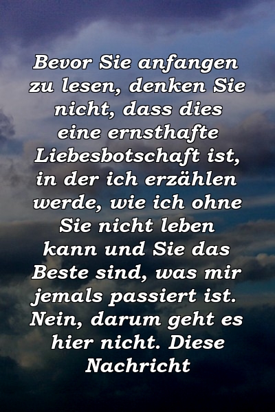 Bevor Sie anfangen zu lesen, denken Sie nicht, dass dies eine ernsthafte Liebesbotschaft ist, in der ich erzählen werde, wie ich ohne Sie nicht leben kann und Sie das Beste sind, was mir jemals passiert ist. Nein, darum geht es hier nicht. Diese Nachricht