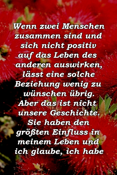 Wenn zwei Menschen zusammen sind und sich nicht positiv auf das Leben des anderen auswirken, lässt eine solche Beziehung wenig zu wünschen übrig. Aber das ist nicht unsere Geschichte. Sie haben den größten Einfluss in meinem Leben und ich glaube, ich habe