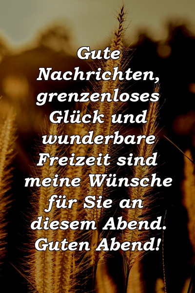 Gute Nachrichten, grenzenloses Glück und wunderbare Freizeit sind meine Wünsche für Sie an diesem Abend. Guten Abend!