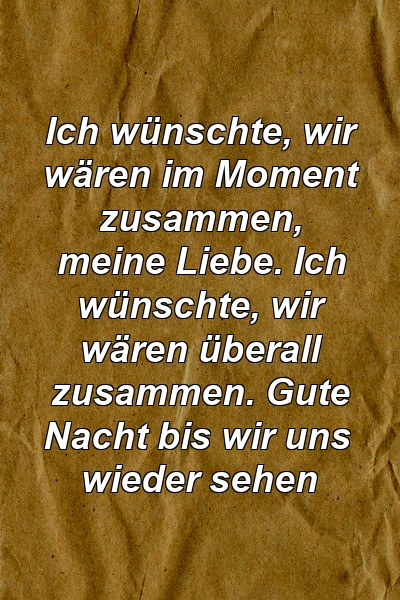 Ich wünschte, wir wären im Moment zusammen, meine Liebe. Ich wünschte, wir wären überall zusammen. Gute Nacht bis wir uns wieder sehen