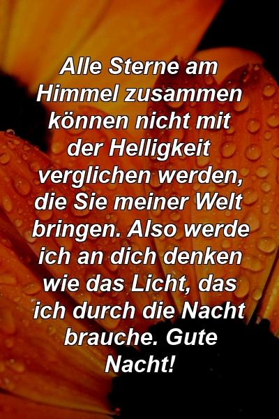 Alle Sterne am Himmel zusammen können nicht mit der Helligkeit verglichen werden, die Sie meiner Welt bringen. Also werde ich an dich denken wie das Licht, das ich durch die Nacht brauche. Gute Nacht!