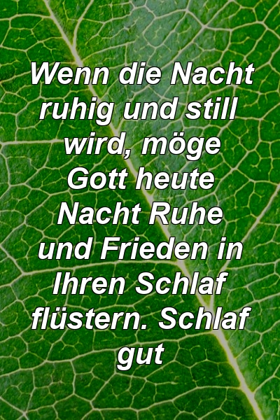 Wenn die Nacht ruhig und still wird, möge Gott heute Nacht Ruhe und Frieden in Ihren Schlaf flüstern. Schlaf gut