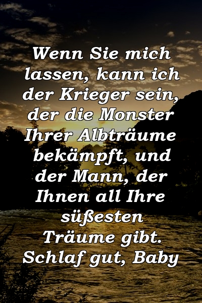 Wenn Sie mich lassen, kann ich der Krieger sein, der die Monster Ihrer Albträume bekämpft, und der Mann, der Ihnen all Ihre süßesten Träume gibt. Schlaf gut, Baby