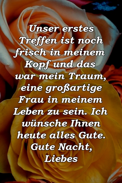 Unser erstes Treffen ist noch frisch in meinem Kopf und das war mein Traum, eine großartige Frau in meinem Leben zu sein. Ich wünsche Ihnen heute alles Gute. Gute Nacht, Liebes