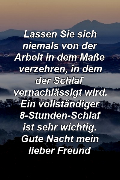 Lassen Sie sich niemals von der Arbeit in dem Maße verzehren, in dem der Schlaf vernachlässigt wird. Ein vollständiger 8-Stunden-Schlaf ist sehr wichtig. Gute Nacht mein lieber Freund