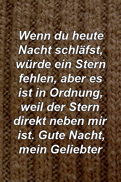 Wenn du heute Nacht schläfst, würde ein Stern fehlen, aber es ist in Ordnung, weil der Stern direkt neben mir ist. Gute Nacht, mein Geliebter