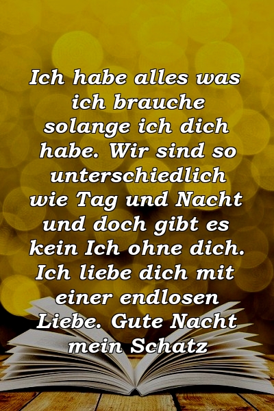 Ich habe alles was ich brauche solange ich dich habe. Wir sind so unterschiedlich wie Tag und Nacht und doch gibt es kein Ich ohne dich. Ich liebe dich mit einer endlosen Liebe. Gute Nacht mein Schatz