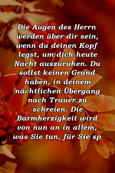 Die Augen des Herrn werden über dir sein, wenn du deinen Kopf legst, um dich heute Nacht auszuruhen. Du sollst keinen Grund haben, in deinem nächtlichen Übergang nach Trauer zu schreien. Die Barmherzigkeit wird von nun an in allem, was Sie tun, für Sie sp