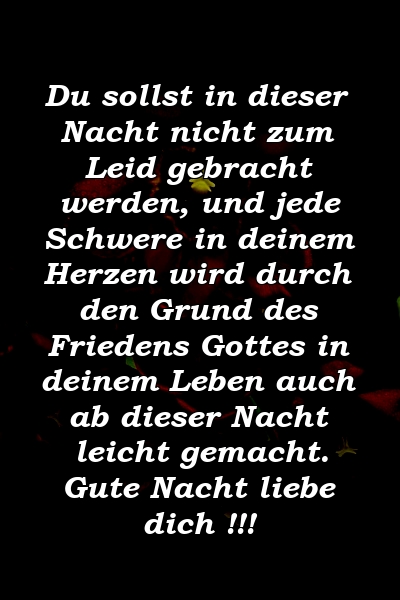 Du sollst in dieser Nacht nicht zum Leid gebracht werden, und jede Schwere in deinem Herzen wird durch den Grund des Friedens Gottes in deinem Leben auch ab dieser Nacht leicht gemacht. Gute Nacht liebe dich !!!