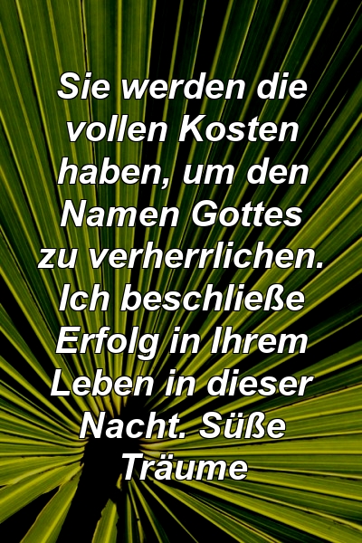 Sie werden die vollen Kosten haben, um den Namen Gottes zu verherrlichen. Ich beschließe Erfolg in Ihrem Leben in dieser Nacht. Süße Träume