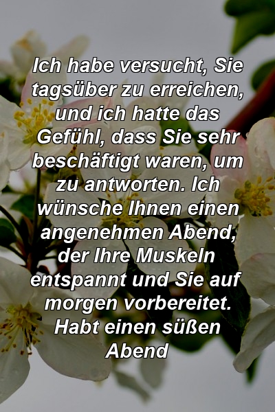 Ich habe versucht, Sie tagsüber zu erreichen, und ich hatte das Gefühl, dass Sie sehr beschäftigt waren, um zu antworten. Ich wünsche Ihnen einen angenehmen Abend, der Ihre Muskeln entspannt und Sie auf morgen vorbereitet. Habt einen süßen Abend