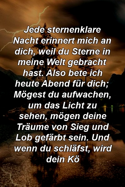 Jede sternenklare Nacht erinnert mich an dich, weil du Sterne in meine Welt gebracht hast. Also bete ich heute Abend für dich; Mögest du aufwachen, um das Licht zu sehen, mögen deine Träume von Sieg und Lob gefärbt sein. Und wenn du schläfst, wird dein Kö