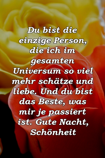 Du bist die einzige Person, die ich im gesamten Universum so viel mehr schätze und liebe. Und du bist das Beste, was mir je passiert ist. Gute Nacht, Schönheit