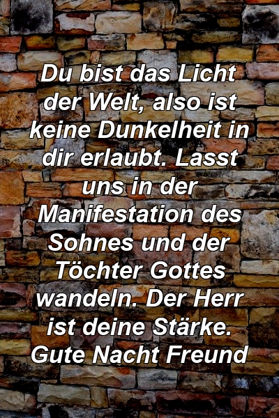 Du bist das Licht der Welt, also ist keine Dunkelheit in dir erlaubt. Lasst uns in der Manifestation des Sohnes und der Töchter Gottes wandeln. Der Herr ist deine Stärke. Gute Nacht Freund