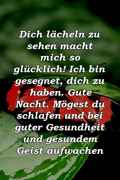 Dich lächeln zu sehen macht mich so glücklich! Ich bin gesegnet, dich zu haben. Gute Nacht. Mögest du schlafen und bei guter Gesundheit und gesundem Geist aufwachen