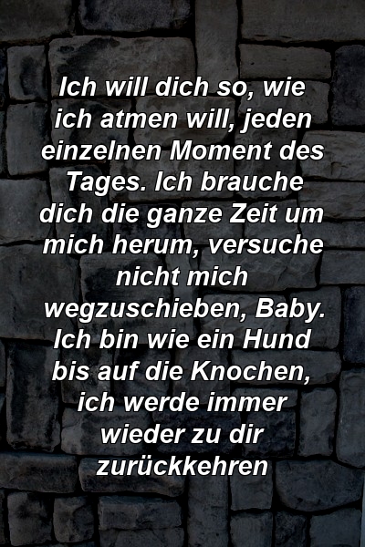 Ich will dich so, wie ich atmen will, jeden einzelnen Moment des Tages. Ich brauche dich die ganze Zeit um mich herum, versuche nicht mich wegzuschieben, Baby. Ich bin wie ein Hund bis auf die Knochen, ich werde immer wieder zu dir zurückkehren