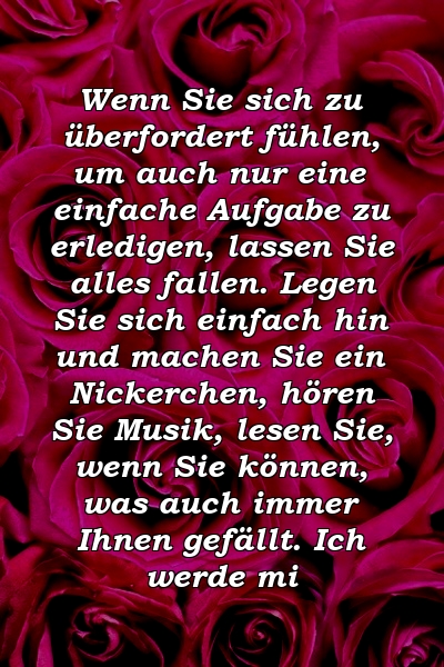 Wenn Sie sich zu überfordert fühlen, um auch nur eine einfache Aufgabe zu erledigen, lassen Sie alles fallen. Legen Sie sich einfach hin und machen Sie ein Nickerchen, hören Sie Musik, lesen Sie, wenn Sie können, was auch immer Ihnen gefällt. Ich werde mi