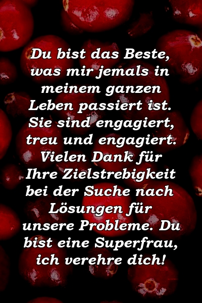 Du bist das Beste, was mir jemals in meinem ganzen Leben passiert ist. Sie sind engagiert, treu und engagiert. Vielen Dank für Ihre Zielstrebigkeit bei der Suche nach Lösungen für unsere Probleme. Du bist eine Superfrau, ich verehre dich!