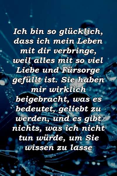 Ich bin so glücklich, dass ich mein Leben mit dir verbringe, weil alles mit so viel Liebe und Fürsorge gefüllt ist. Sie haben mir wirklich beigebracht, was es bedeutet, geliebt zu werden, und es gibt nichts, was ich nicht tun würde, um Sie wissen zu lasse