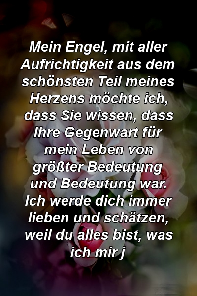 Mein Engel, mit aller Aufrichtigkeit aus dem schönsten Teil meines Herzens möchte ich, dass Sie wissen, dass Ihre Gegenwart für mein Leben von größter Bedeutung und Bedeutung war. Ich werde dich immer lieben und schätzen, weil du alles bist, was ich mir j