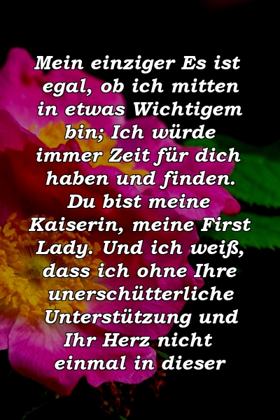 Mein einziger Es ist egal, ob ich mitten in etwas Wichtigem bin; Ich würde immer Zeit für dich haben und finden. Du bist meine Kaiserin, meine First Lady. Und ich weiß, dass ich ohne Ihre unerschütterliche Unterstützung und Ihr Herz nicht einmal in dieser