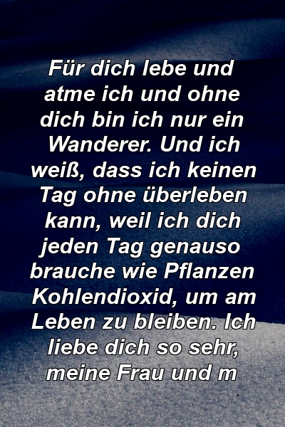 Für dich lebe und atme ich und ohne dich bin ich nur ein Wanderer. Und ich weiß, dass ich keinen Tag ohne überleben kann, weil ich dich jeden Tag genauso brauche wie Pflanzen Kohlendioxid, um am Leben zu bleiben. Ich liebe dich so sehr, meine Frau und m