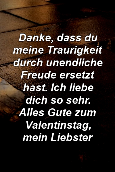 Danke, dass du meine Traurigkeit durch unendliche Freude ersetzt hast. Ich liebe dich so sehr. Alles Gute zum Valentinstag, mein Liebster